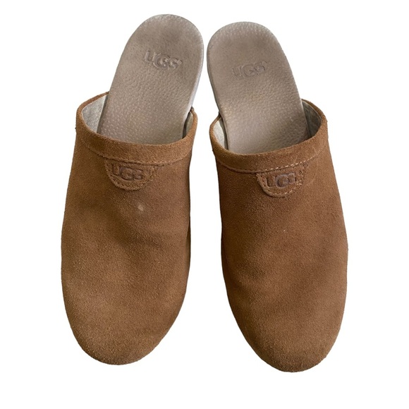 Ugg suede tan leather clogs mules slides wooden chunky heel shearling lining - Picture 4 of 10